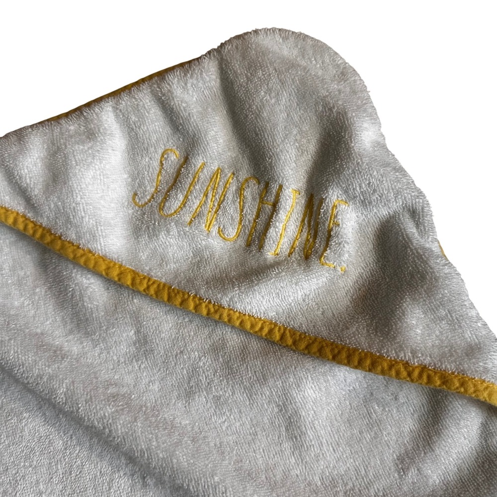 Rae Dunn Sunshine Hooded Baby Towel White Yellow Trim Terry Cloth Embroidery